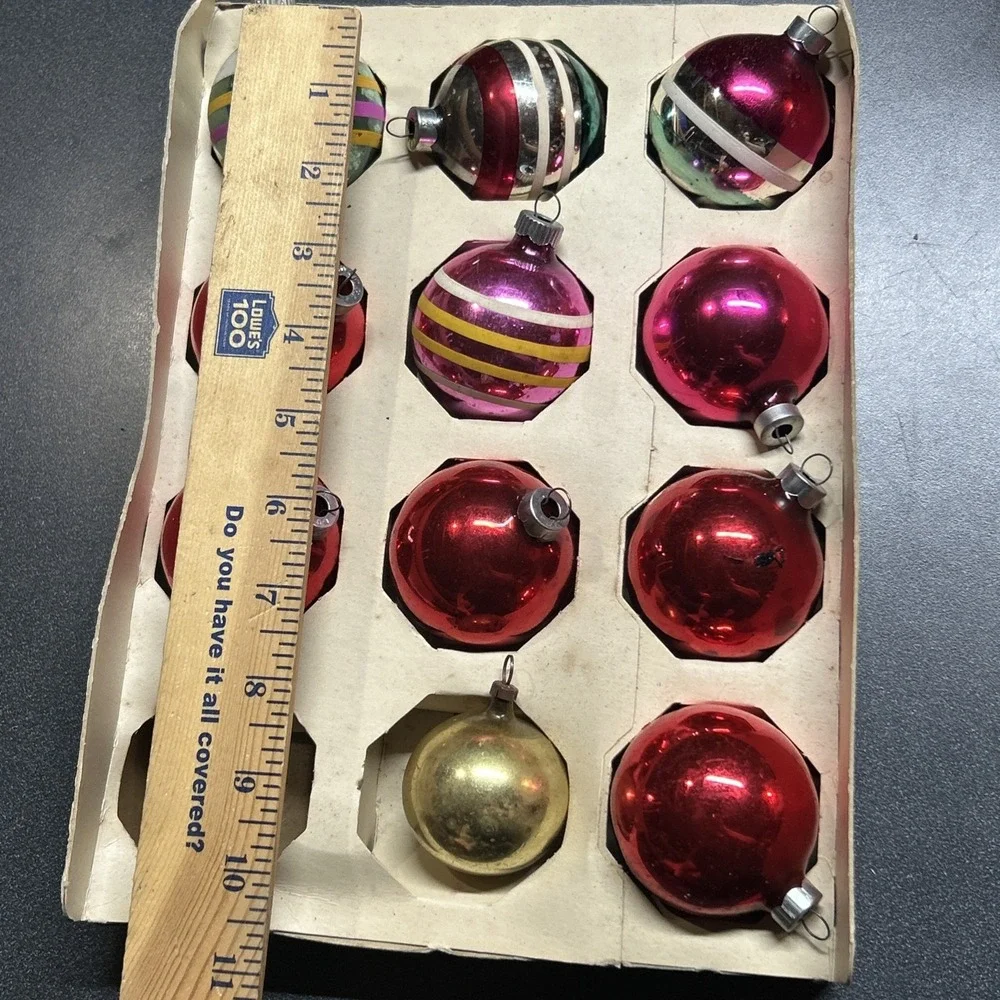 Vintage Unsilvered Christmas Ornaments ATOMIC  Lot of 11 w/ Box